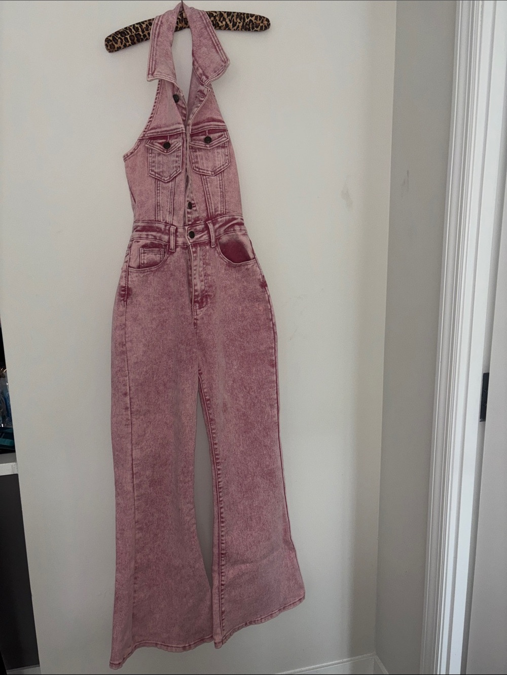 Fashion Nova Pink Washed Halter Denim Jumpsuit